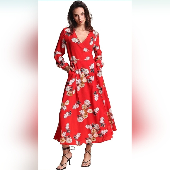 Amazon Dresses & Skirts - Red Floral Wrap Dress